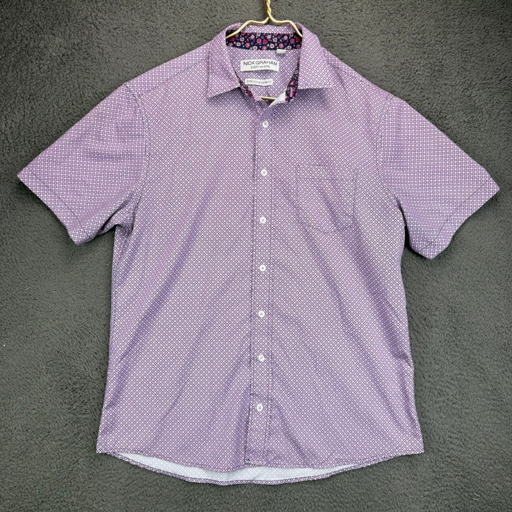 Nick Graham Everywhere Mens Purple Geometric Short Sleeve Button Down Shirt M